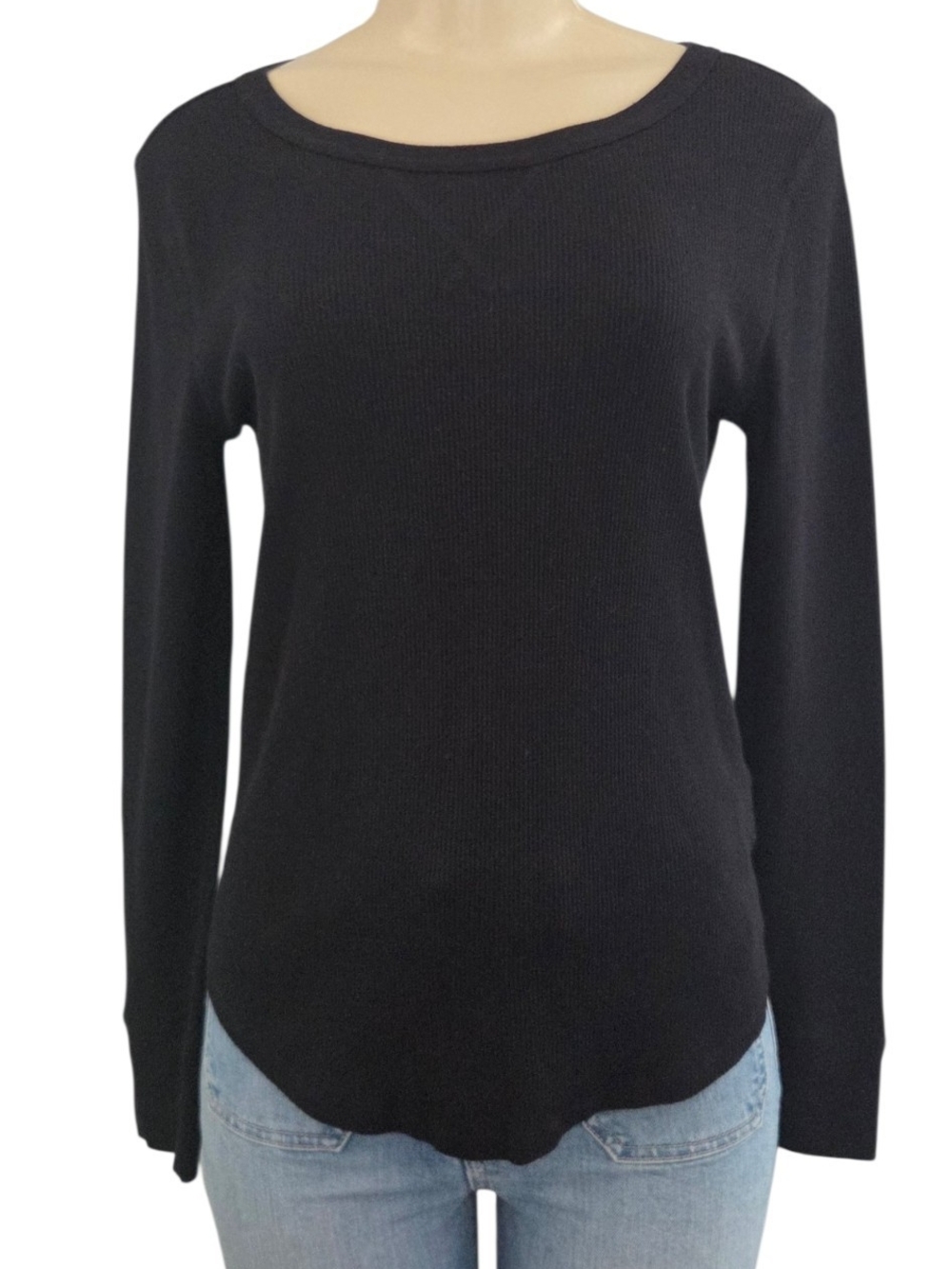 GAP Women’s XS Black Waffle Knit Long Sleeve Tee Shirt Thermal Rounded Hem